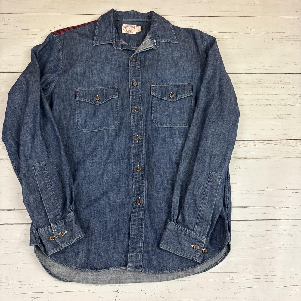 Brooks Brothers Chambray Shirt Mens Small Blue Cotton Plaid Yoke Long Sleeve